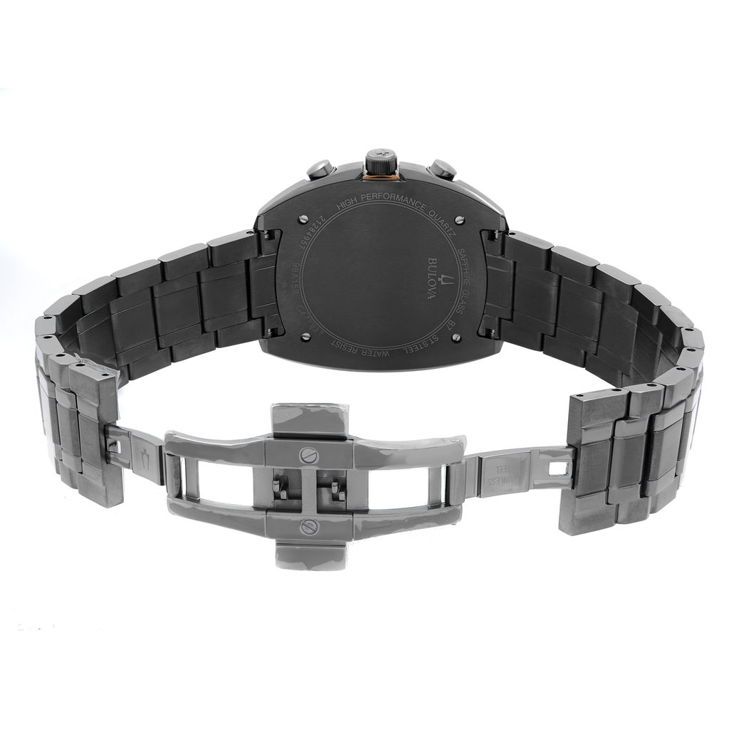 An image of a pre-owned Bulova men's wristwatch, viewed from the back with the clasp open. The stainless steel caseback is screwback type, and it is attached to a stainless steel band. The watch has a round shape and features a fold-over clasp with double push buttons. The watch is positioned centrally in the frame with a slight tilt, allowing a clear view of the caseback and the open clasp, shot from a close distance against a white background.