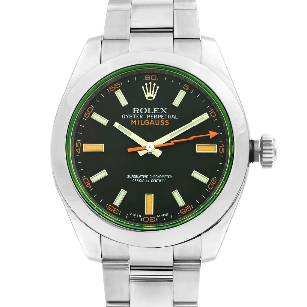 Up Close Front Facing Picture Of Rolex 116400GV Stainless Steel Watch Unworn Condition
