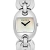 An image of a pre-owned Gucci women's wristwatch taken from a front-facing angle. The watch features a shiny silver-tone case and bracelet links. The dial has a mother-of-pearl finish with black hour and minute hands and the brand name "GUCCI" at the top. The watch is shown in close-up, highlighting its elegant design and craftsmanship.