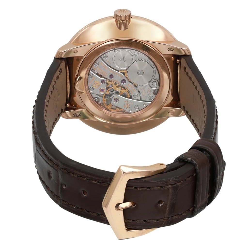 Back View Of Exhibition Back Case And Closed Leather Band Of Patek Philippe 5123R-001 Watch Pre Owned Condition