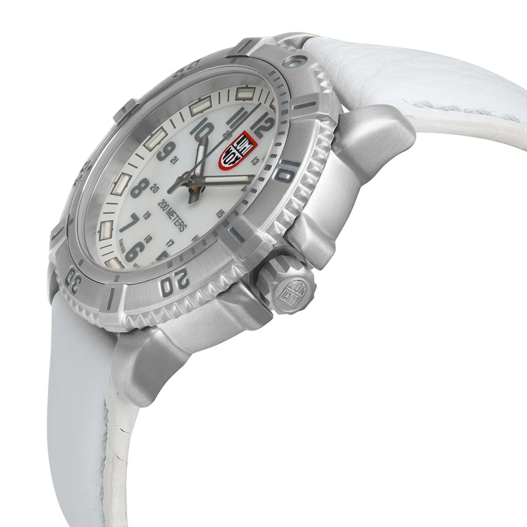 An image of a Wristwatch by Luminox. This Display Model item is designed for Unisex Adult, featuring a Classic,Dress/Formal style. It has a Quartz movement and an Analog display with a White dial color. The indices include 12-Hour Dial,Arabic Numerals,Easy to Read/Large Numerals. The band is made of Leather and the case is made of Satinless Steel. The watch has a Round shape with a case size of 38 mm and a case thickness of 11 mm.