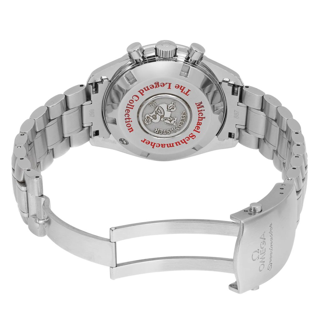 An image of a pre-owned wristwatch shown from the back view with an open clasp. The watch is positioned at a slight angle, displaying its metallic bracelet and the detailed engraving on the back of the watch case. The angle highlights the open clasp mechanism, and the photo is taken from a moderate distance to capture the full length of the bracelet and the back casing.