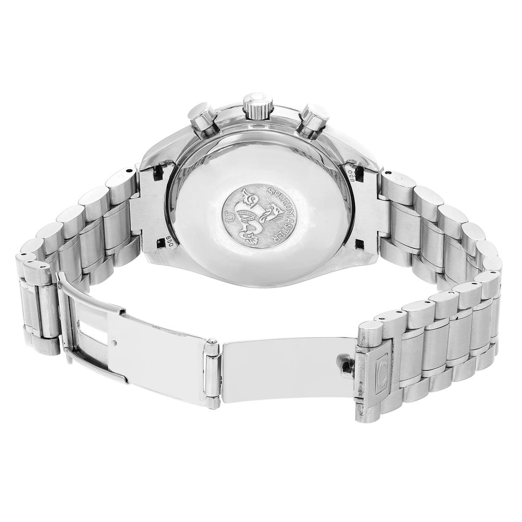 Back View Of Solid Back Case And Open Stainless Steel Band Of OMEGA 3520.50.00 Watch Pre Owned Condition