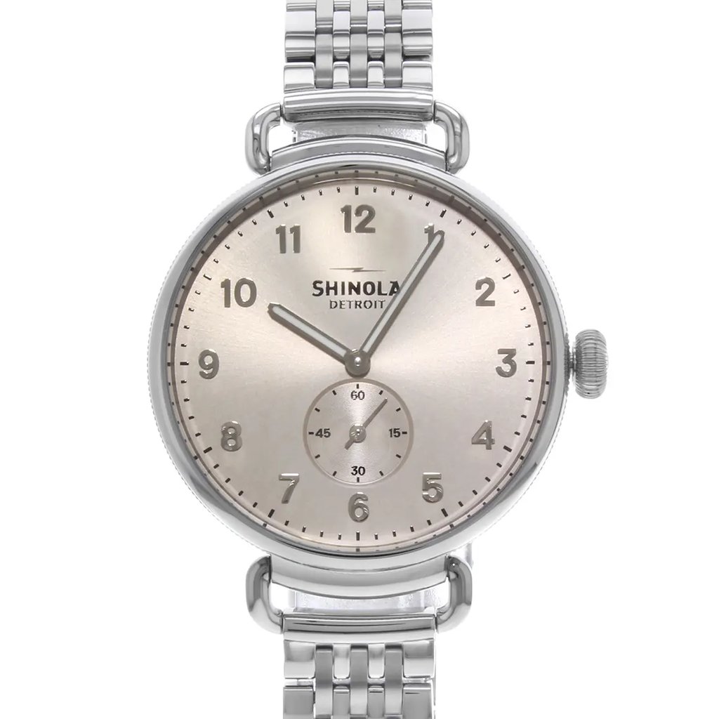 Up Close Front Facing Picture Of Shinola S0120004466 Stainless Steel Watch Pre Owned Condition