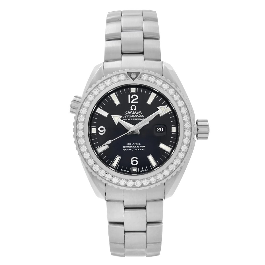 An image of a luxury women's wristwatch viewed from a full frontal angle. The unworn OMEGA watch features a round, stainless steel case and band, with a black dial and steel bezel. Notable features include luminous hands and a date indicator. The watch is in excellent condition, highlighting its refined craftsmanship and elegant design.