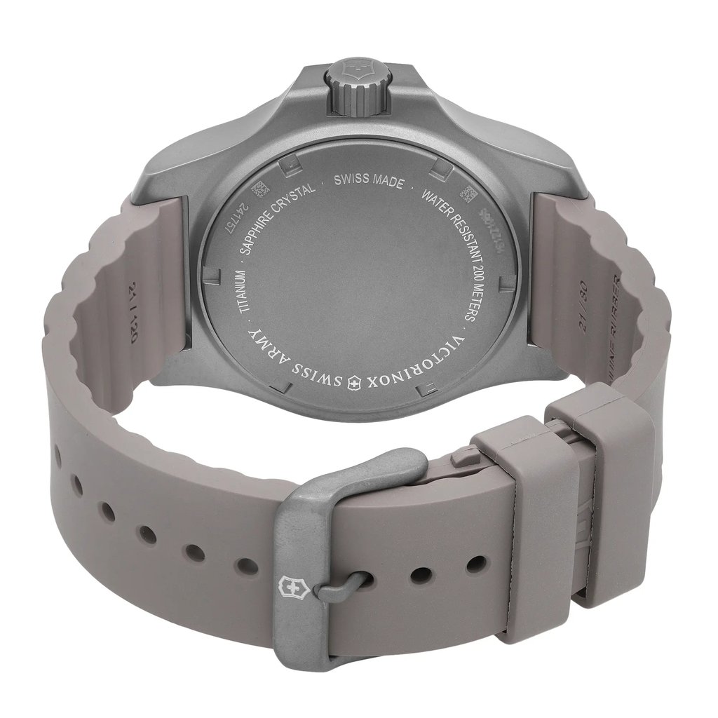 An image of a Wristwatch by Victorinox. This Display Model item is designed for Men, featuring a Casual style. It has a Quartz movement and an Analog display with a Gray dial color. The indices include 12-Hour Dial,Seconds Hand,Stick Indexes. The band is made of Rubber and the case is made of Titanium. The watch has a Round shape with a case size of 43 mm and a case thickness of 15 mm.