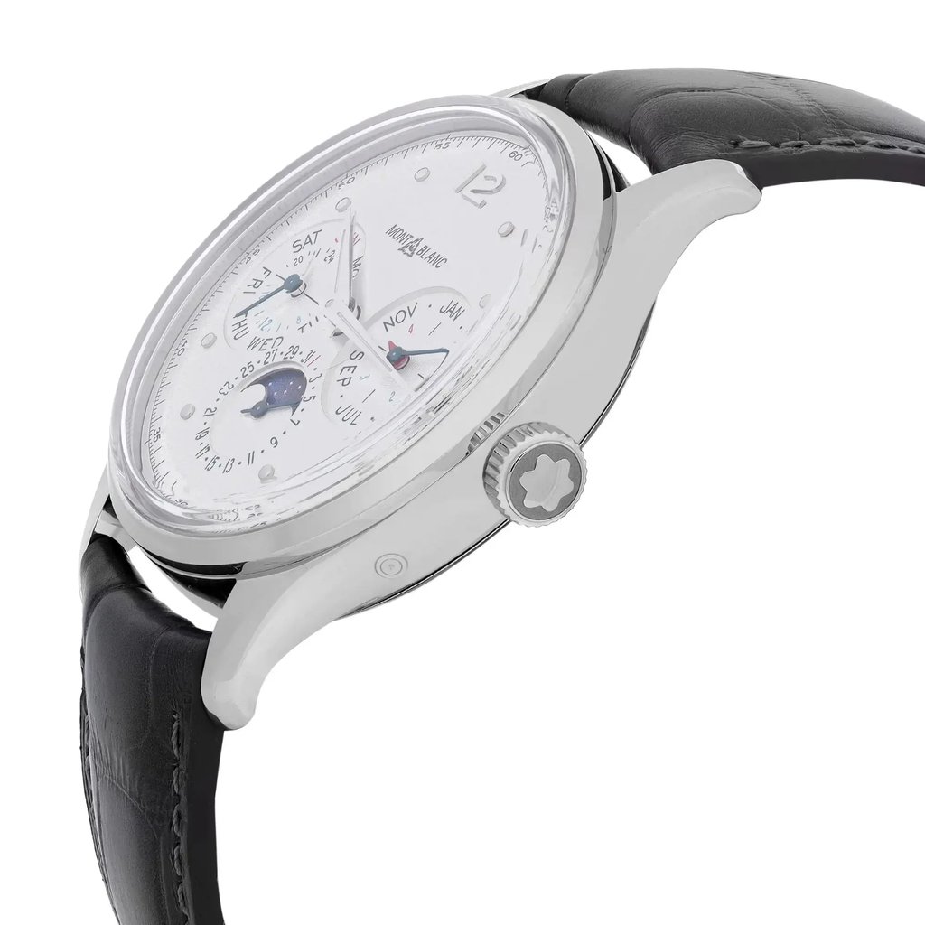 An image of a pre-owned Montblanc men's luxury wristwatch in a side profile view, positioned at a slight angle to display the watch's crown and its round stainless steel case. The watch features a white dial with gray bezel, luminous hands, and complications including day/date, GMT, and moon phase. It is fitted with a black leather band. The image is taken in close-up, focusing on the watch's dial and crown, with some insignificant imperfections on the hands and dial visible upon close inspection.