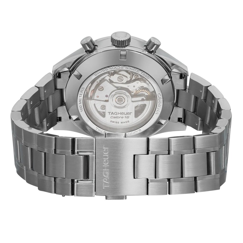 An image of a pre-owned TAG Heuer men's wristwatch, viewed from the back with the clasp closed. The watch is positioned at a slight angle, allowing a clear view of the stainless steel caseback which features an exhibition design showcasing the internal movement marked "Calibre 16." The watch's round shape is apparent from this angle, and the stainless steel band connects to the case with a fold-over clasp with double push buttons, partially visible to the side. The image is taken from a close distance, emphasizing the watch's details and potential minor blemishes from handling and shipping.