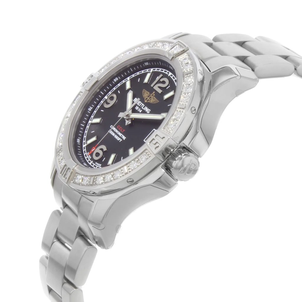 View Of Crown Facing Side Of Breitling A7438953/BD82-178A Stainless Steel Watch Display Model Condition