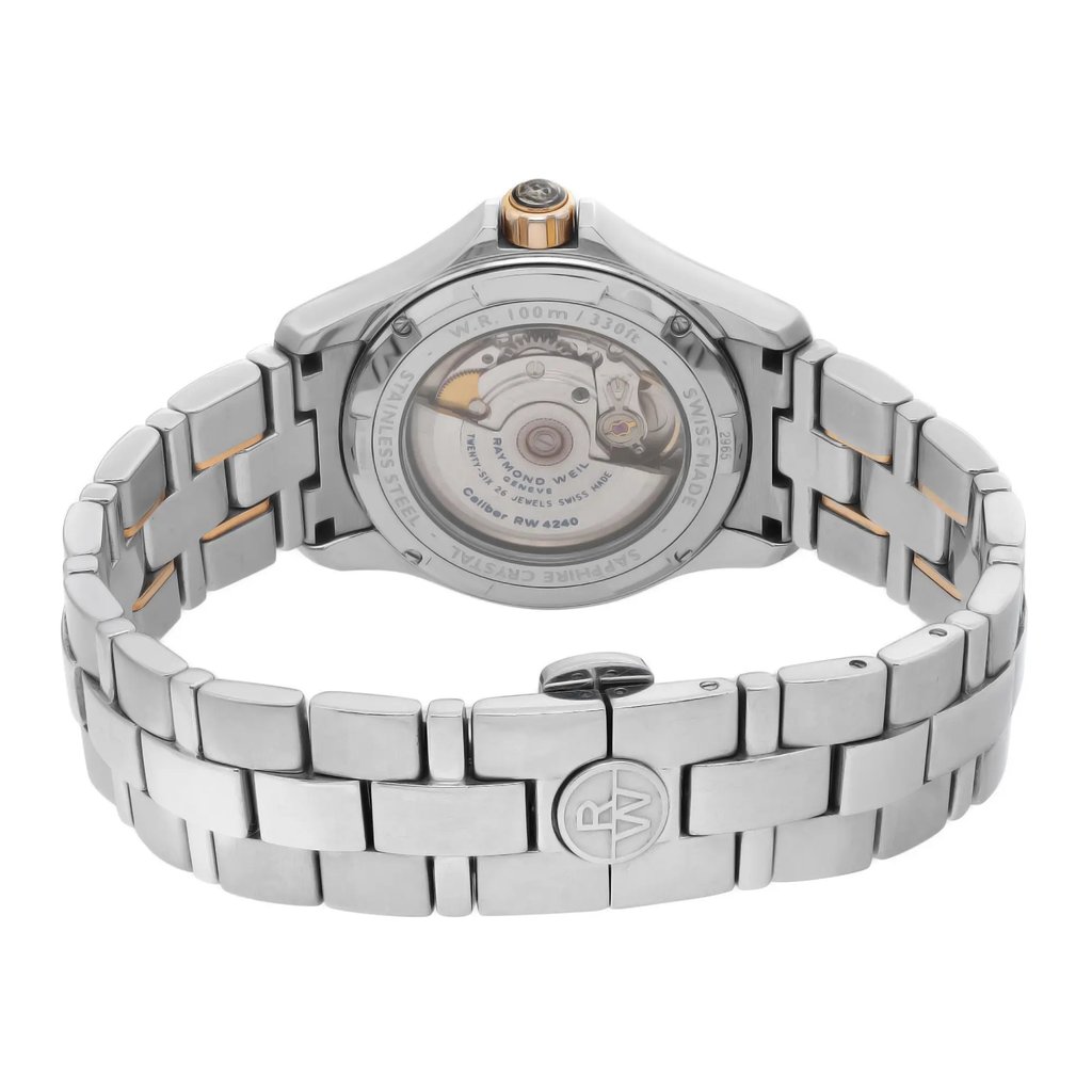 Back View Of Exhibition Back Case And Closed Stainless Steel Band Of RAYMOND WEIL 2965-SG5-00658 Watch Pre Owned Condition