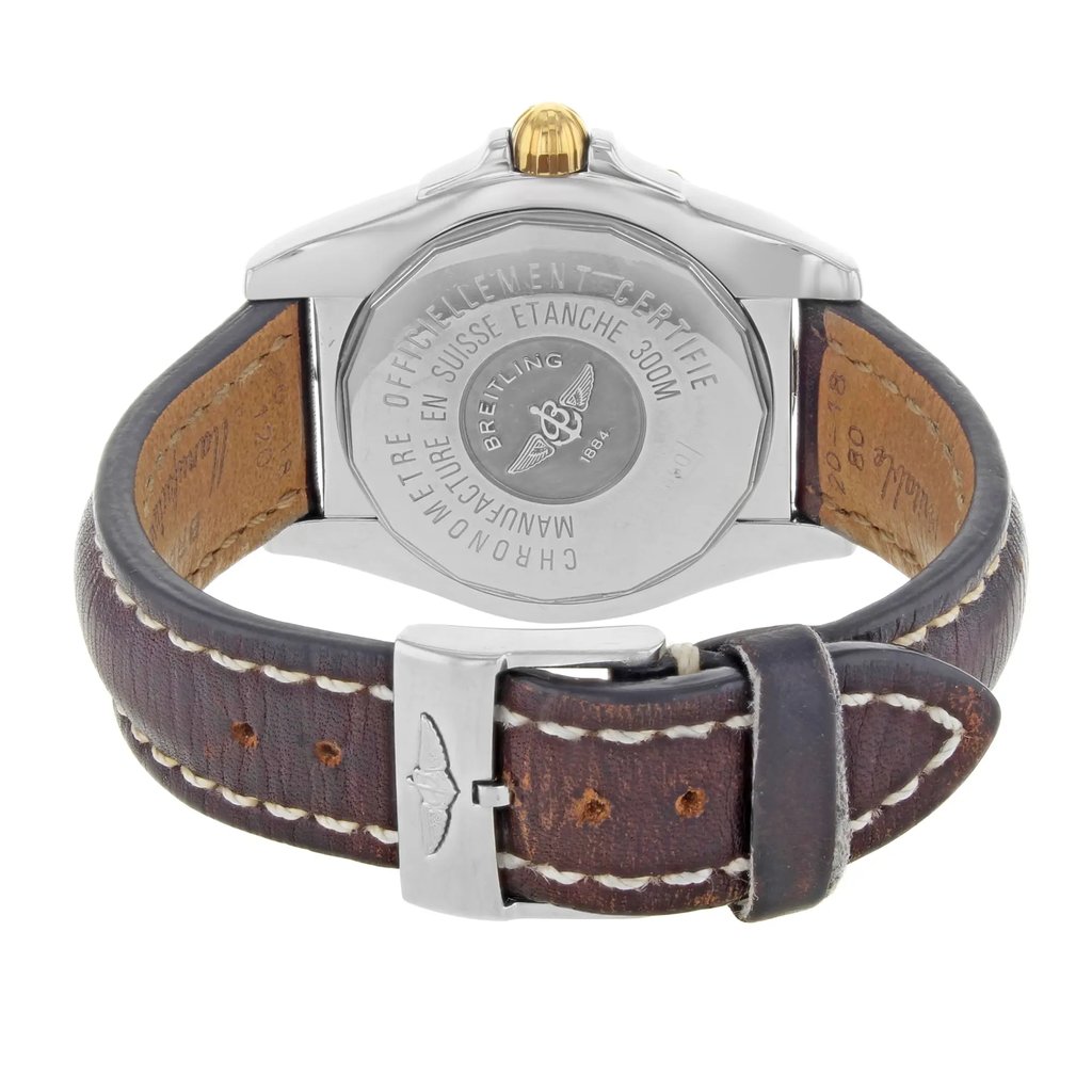 Back View Of {Caseback} Back Case And Closed Leather Band Of Breitling B49350 Watch Pre Owned Condition