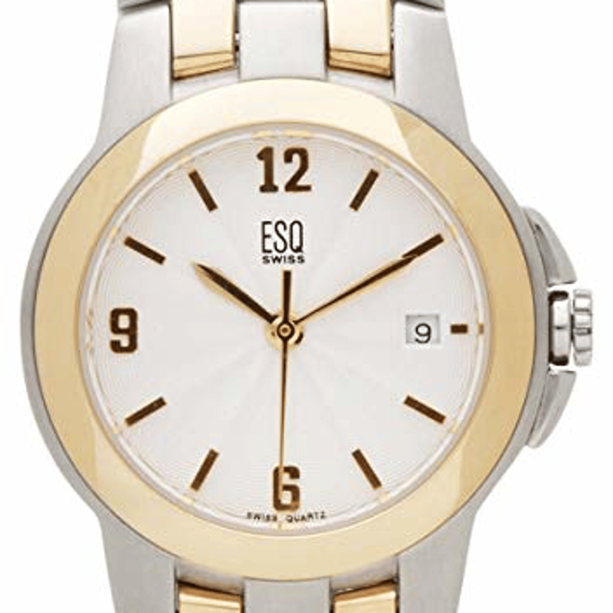 An image of a Wristwatch by ESQ. This Pre Owned item is designed for Women, featuring a Dress/Formal style. It has a Quartz movement and an Analog display with a Silver dial color. The indices include 12-Hour Dial,Arabic Numerals,Stick Indexes. The band is made of Stainless Steel and the case is made of Stainless Steel. The watch has a Round shape with a case size of 26 mm and a case thickness of 7 mm.