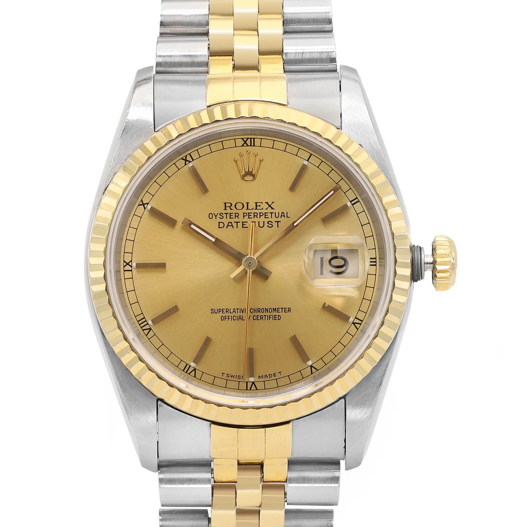 An image of a pre-owned wristwatch taken as a front close-up shot of the watch face. The watch features a gold and silver two-tone design with a fluted bezel. The face is gold with simple hour markers and a date window at the 3 o'clock position. The bracelet is a combination of gold and silver links.