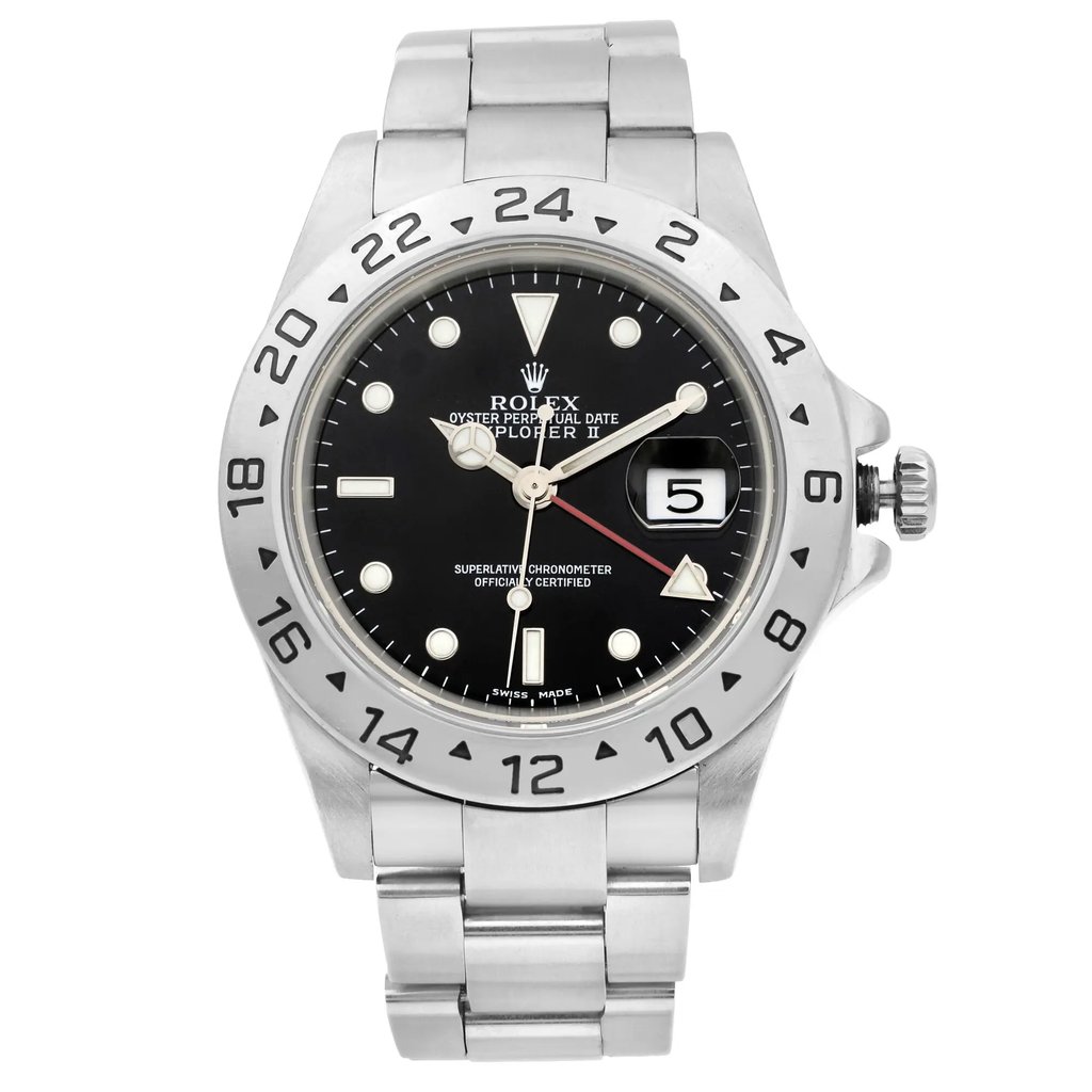 An image of a Wristwatch by Rolex. This Pre Owned item is designed for Men, featuring a Luxury style. It has a Mechanical (Automatic) movement and an Analog display with a Black dial color. The indices include 12-Hour Dial,Round Indexes,Stick Indexes. The band is made of Stainless Steel and the case is made of Stainless Steel. The watch has a Round shape with a case size of 40 mm and a case thickness of 12 mm.