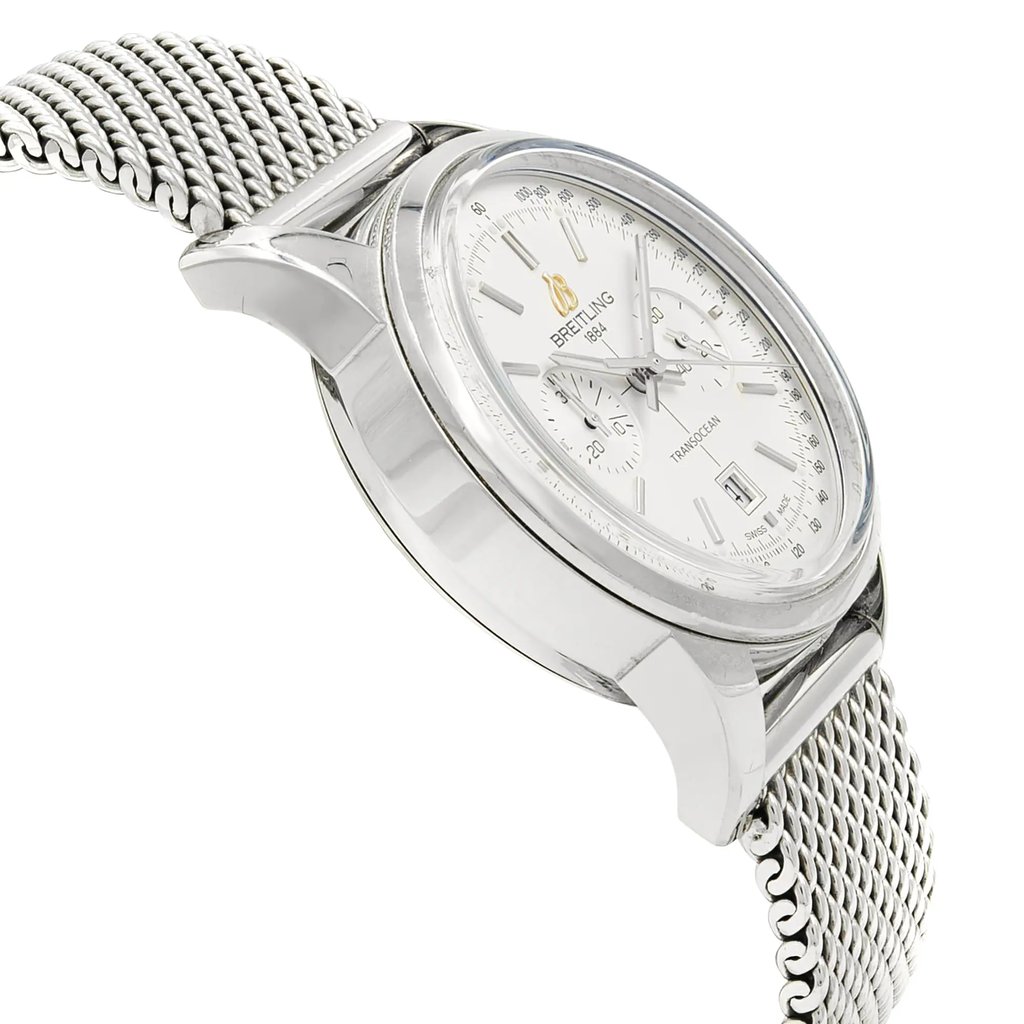 View Of Opposite Crown Facing Side Of Breitling A4131012/G757-171A Stainless Steel Watch Display Model Condition