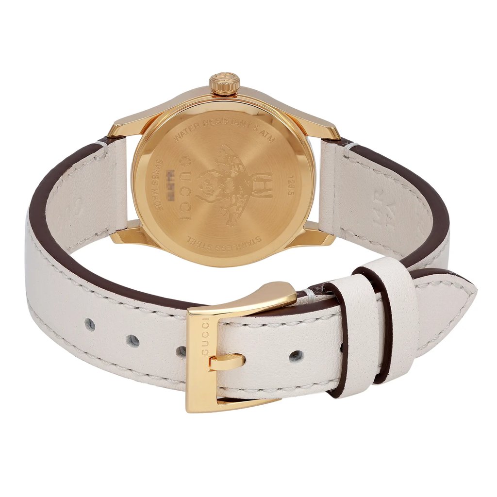 Back View Of Snap Back Case And Closed Leather Band Of Gucci YA1265009 Watch Display Model Condition
