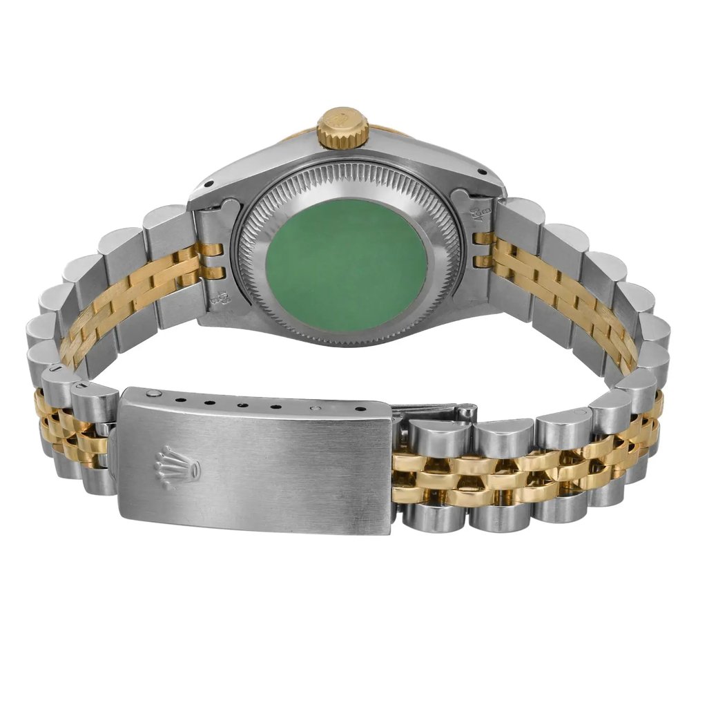 An image of a pre-owned wristwatch shown from the back view at a close angle. The focus is on the closed clasp and the bracelet, which features a combination of silver and gold tones. The watch case and crown are visible at the top of the image, with the clasp prominently displayed in the foreground.