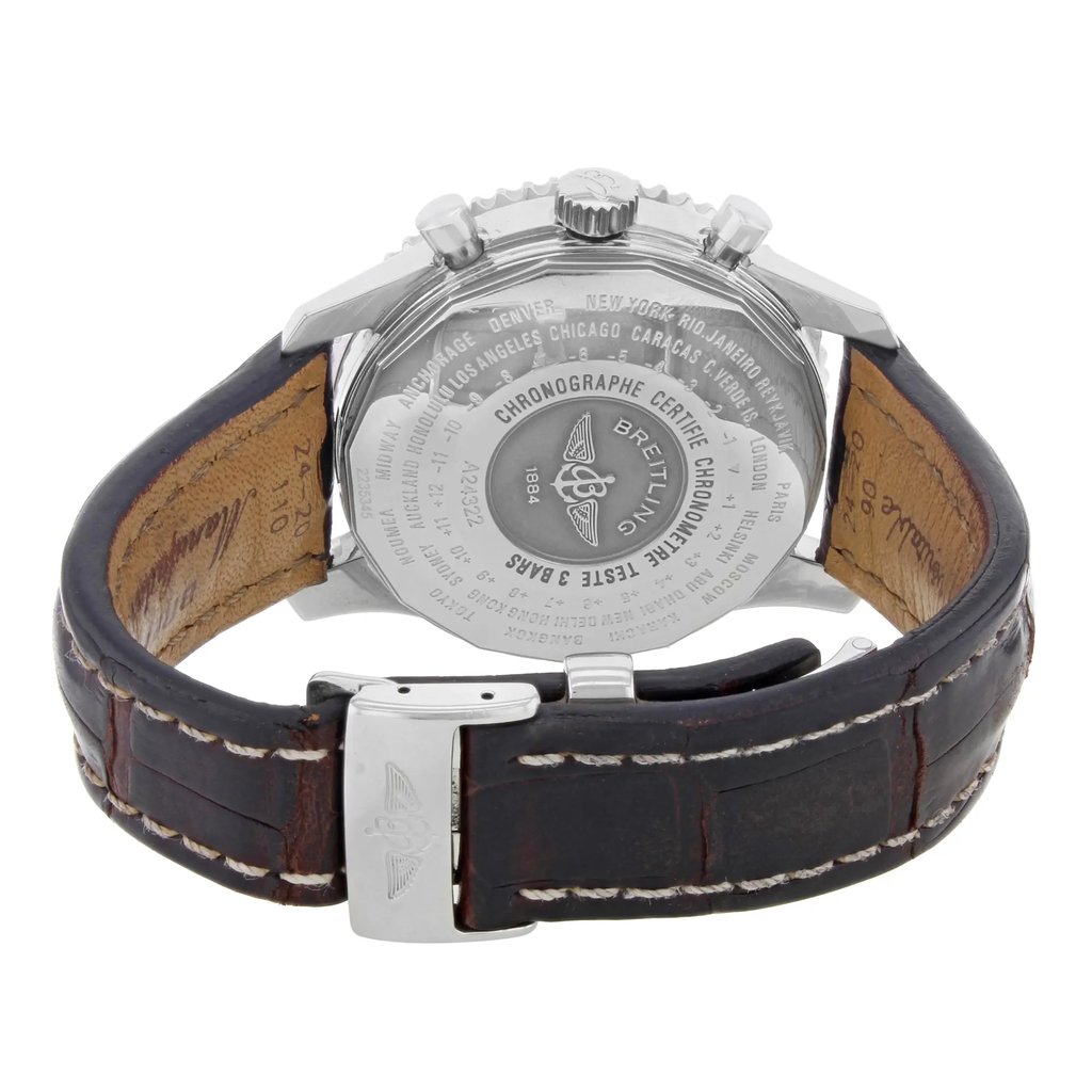 Back View Of {Caseback} Back Case And Closed Leather Band Of Breitling A24322 Watch Pre Owned Condition
