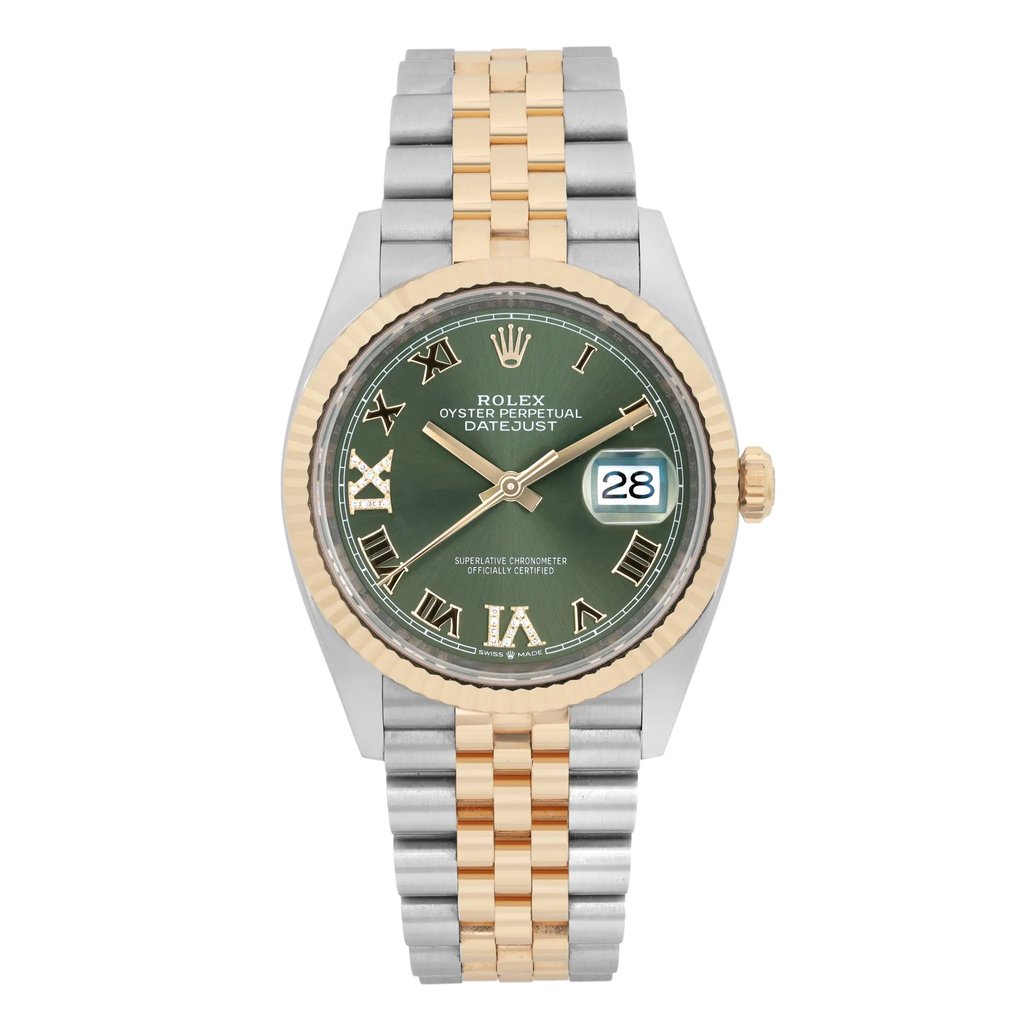 An image of a pre-owned men's Rolex Datejust 36mm Steel 18k Yellow Gold Green Diamond VI IX Dial Watch, viewed from a straight-on angle, showcasing its detailed features. The watch has a green dial with Roman numeral hour markers and a date indicator at the 3 o’clock position. It features luminous hands and a two-tone bracelet made of gold and stainless steel links. The bezel is gold, adding a touch of elegance to the design. The image is taken from a close distance, highlighting the intricate details of the watch face and band.