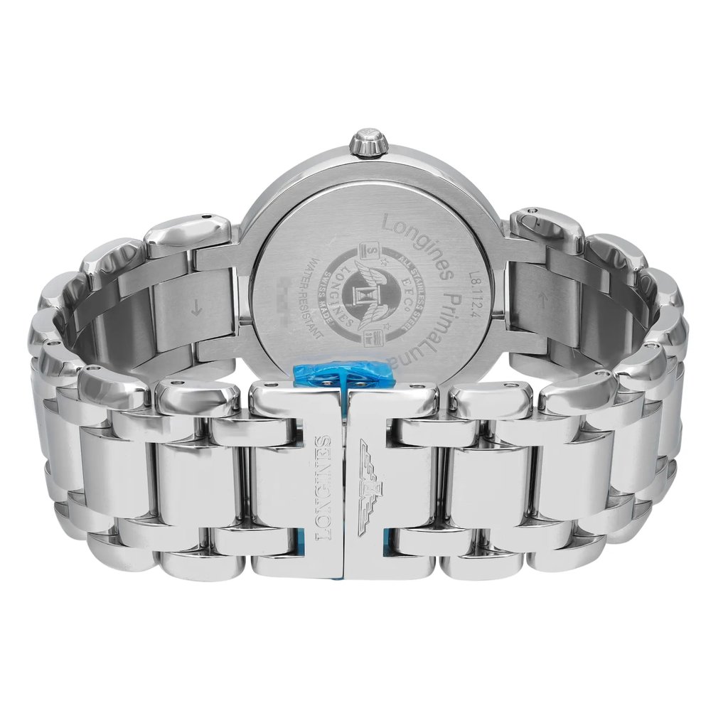 An image of a pre-owned wristwatch shown from the back view. The focus is on the closed clasp, positioned centrally in the frame. The angle provides a clear view of the stainless steel bracelet and the detailed engravings on the watch's back. The photograph is taken from a close distance, highlighting the watch's craftsmanship and design features.