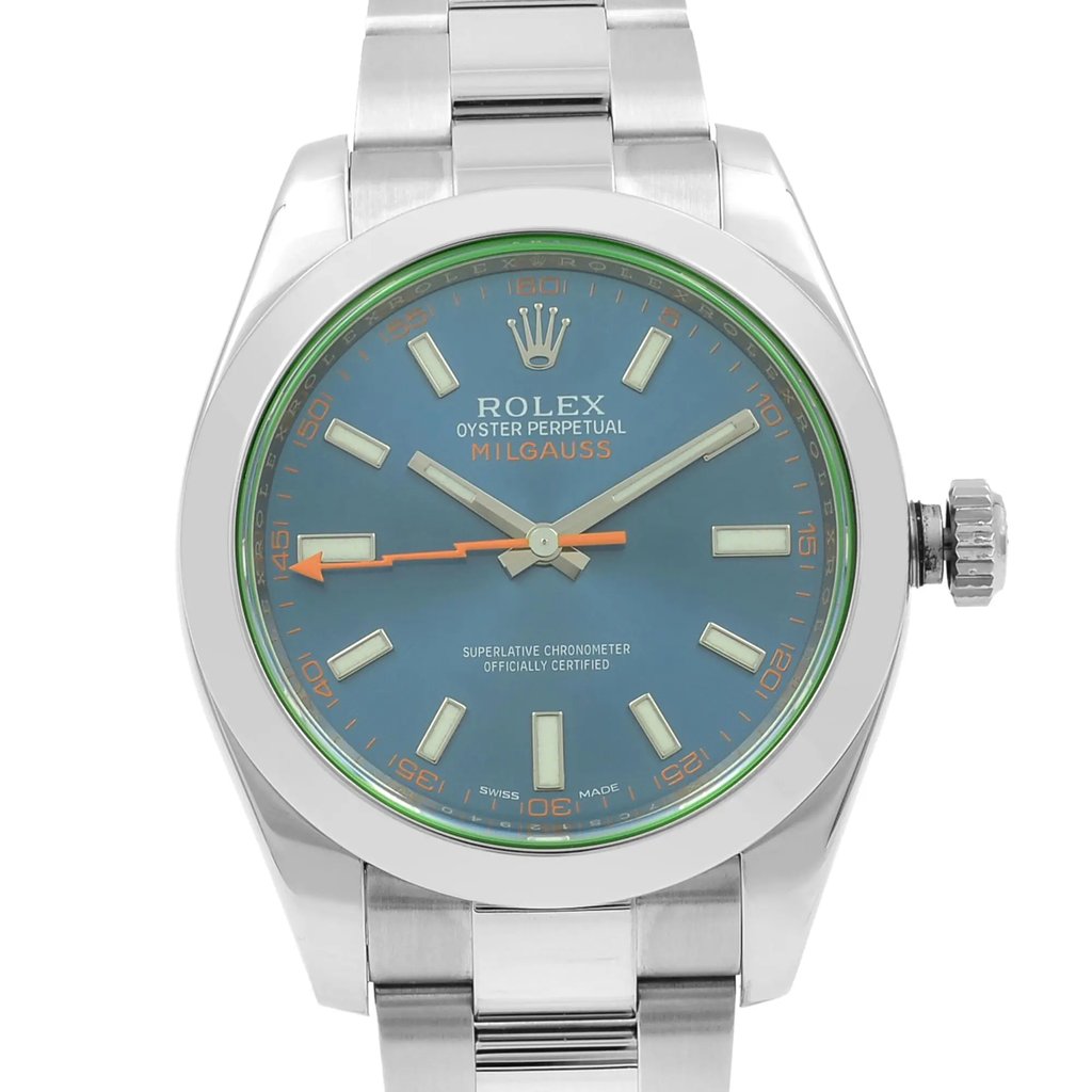 Up Close Front Facing Picture Of Rolex 116400GV Stainless Steel Watch Pre Owned Condition