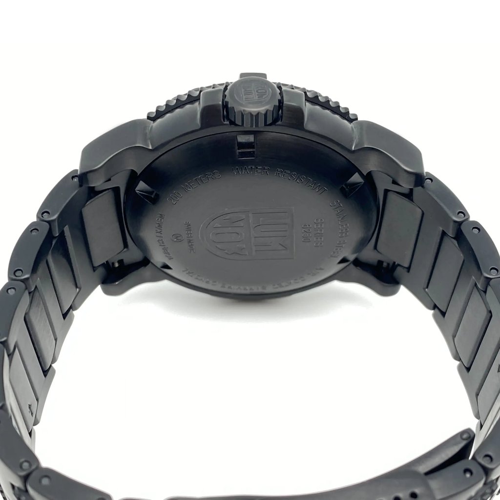 Back View Of Solid Back Case And Open Stainless Steel Band Of Luminox XS.6252.BO Watch Display Model Condition