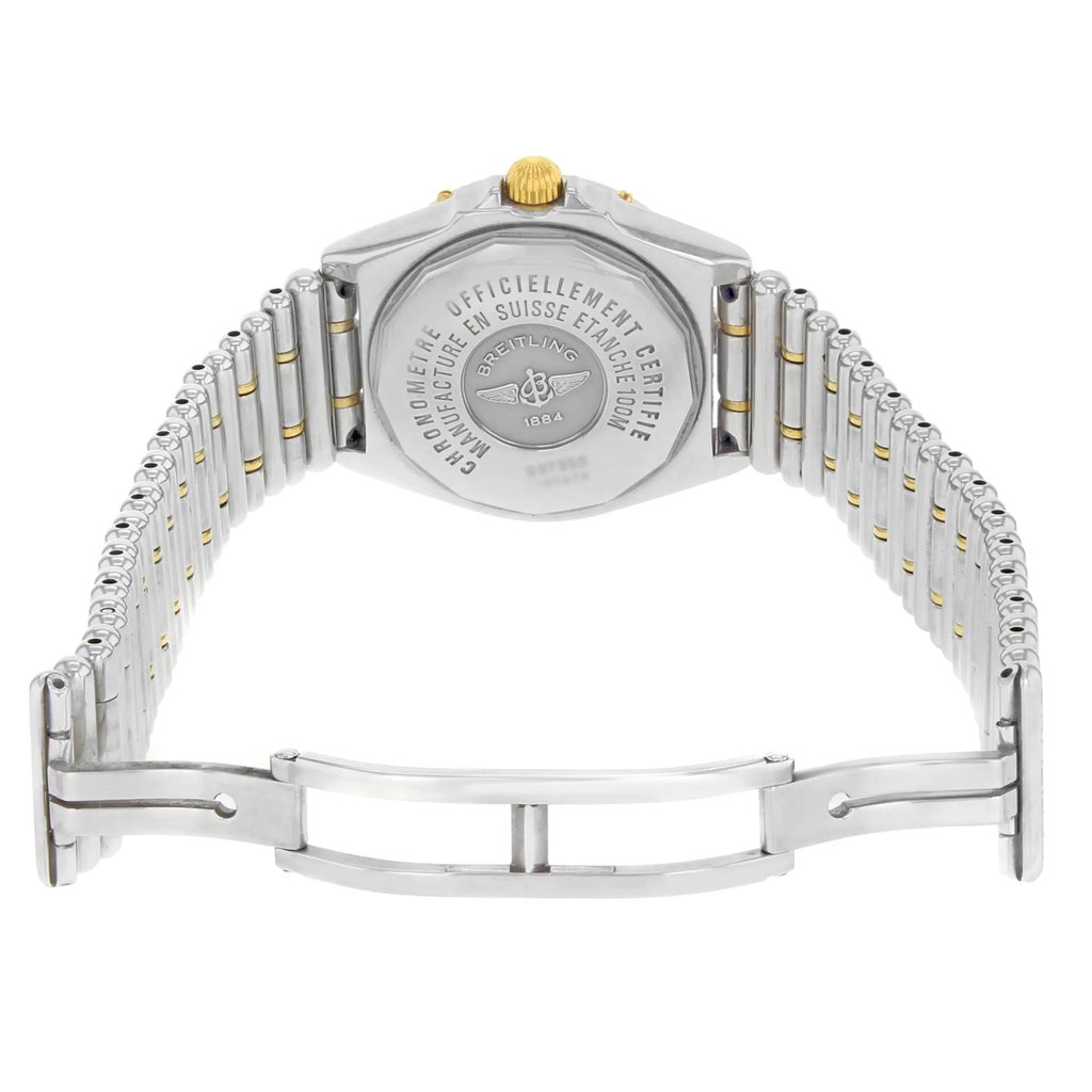 Back View Of {Caseback} Back Case And Open Stainless and Solid Gold Band Of Breitling B67350 Watch Pre Owned Condition