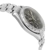 An image of a pre-owned OMEGA men's sport wristwatch in a side profile view opposite of the crown, showcasing a round stainless steel case and band. The watch features a black dial with chronograph subdials, a date indicator, and luminous hands. The steel bezel has a minor dent, and the watch is positioned at a slight angle with a close-up view, emphasizing the watch's design and features.