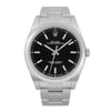 An image of a pre-owned men's Rolex wristwatch in good condition, shown from a front full frontal view. The watch features a round stainless steel case and band, with a black dial and a gray bezel. The style is casual, suitable for everyday wear.