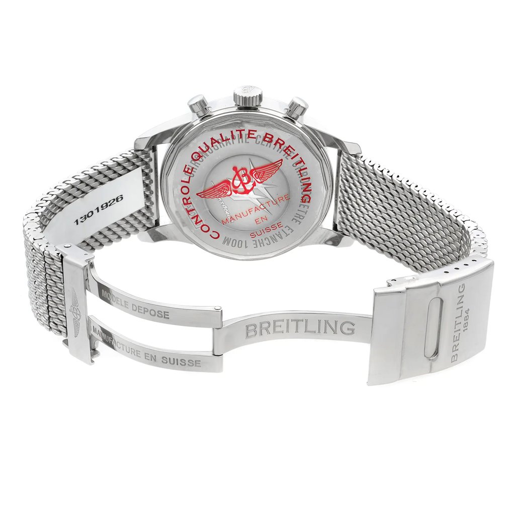 Back View Of {Caseback} Back Case And Open Stainless Steel Band Of Breitling AB0510U0-A732-152A Watch Display Model Condition