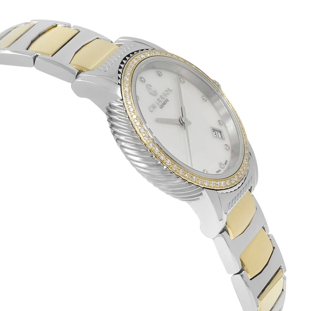 An image of a wristwatch displayed in a side profile view, showing the side opposite the crown. The watch features a metallic bracelet with alternating silver and gold links. The case has a textured side, and the bezel is adorned with small, sparkling stones. The face of the watch is partially visible, indicating the time and date. The image is taken at a close distance, highlighting the design details of this display model.