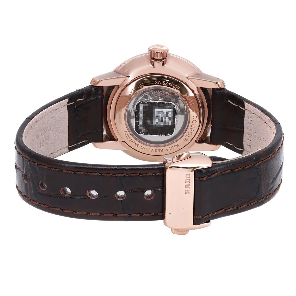 Back View Of Exhibition Back Case And Closed Leather Band Of Rado R22865765 Watch Pre Owned Condition
