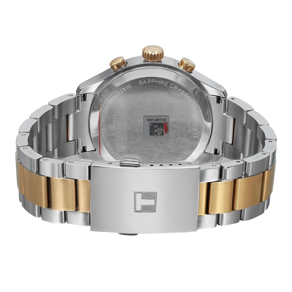 Back View Of Snap Back Case And Closed Stainless Steel Band Of Tissot T1166172204100 Watch New With Defects Condition