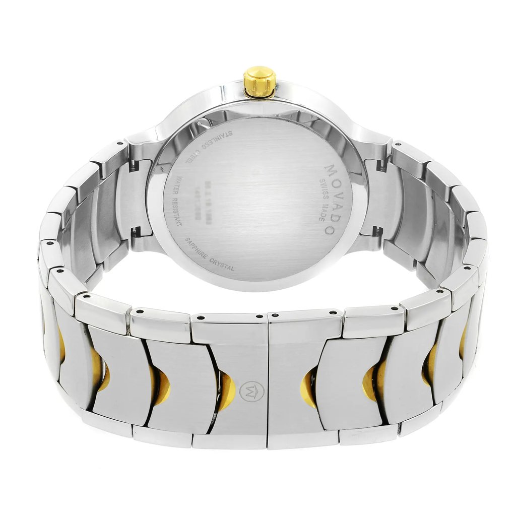 Back View Of Snap Back Case And Closed Stainless Steel Band Of Movado 0607043 Watch New With Defects Condition