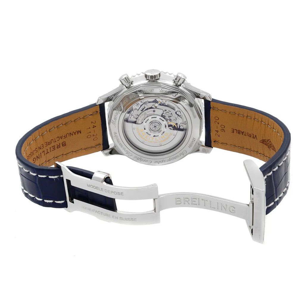 Back View Of {Caseback} Back Case And Open Leather Band Of Breitling AB0127211C1P2 Watch Unworn Condition