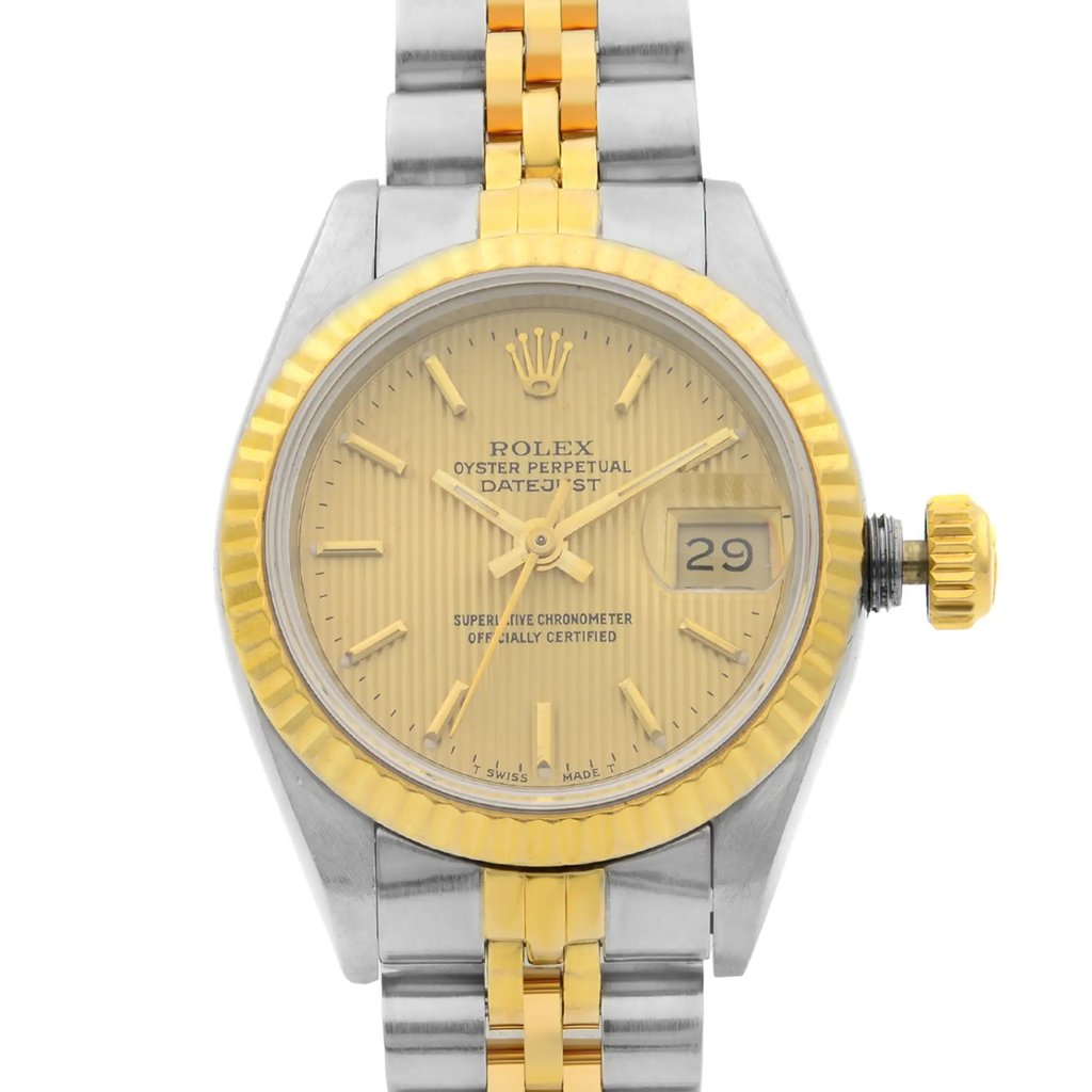 Up Close Front Facing Picture Of Rolex 69173 Stainless Steel Watch Pre Owned Condition