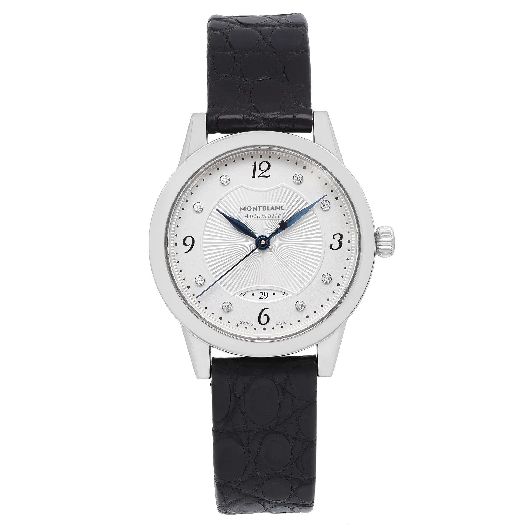 An image of a pre-owned Montblanc women's wristwatch in excellent condition, displayed in a full frontal view. The watch has a round stainless steel case with a gray bezel, a silver dial featuring a mix of Arabic numerals and diamond markers, and blue hands with a date indicator at the 6 o'clock position. It is fitted with a black leather band, and the face is positioned directly facing the camera at a close distance, capturing the entire watch head-on for a clear view of its casual style and features.