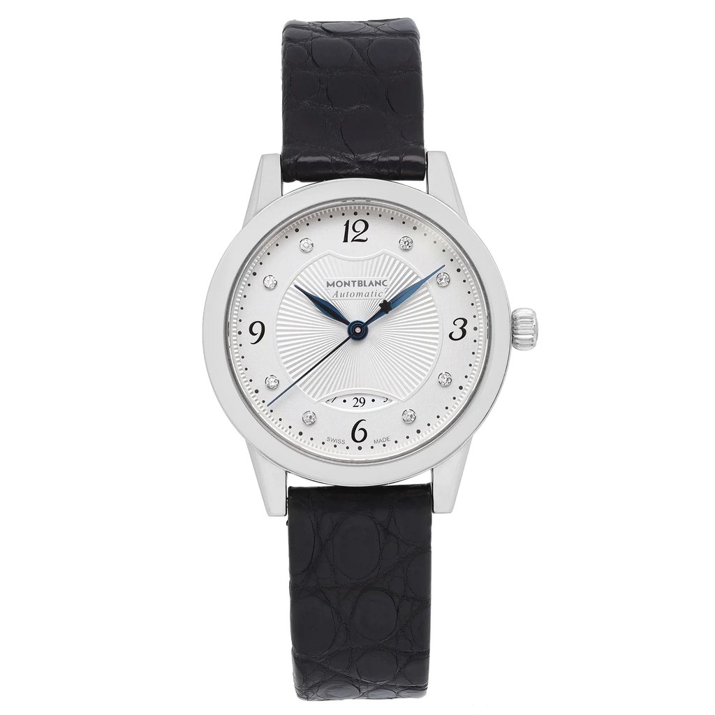An image of a pre-owned Montblanc women's wristwatch in excellent condition, displayed in a full frontal view. The watch has a round stainless steel case with a gray bezel, a silver dial featuring a mix of Arabic numerals and diamond markers, and blue hands with a date indicator at the 6 o'clock position. It is fitted with a black leather band, and the face is positioned directly facing the camera at a close distance, capturing the entire watch head-on for a clear view of its casual style and features.