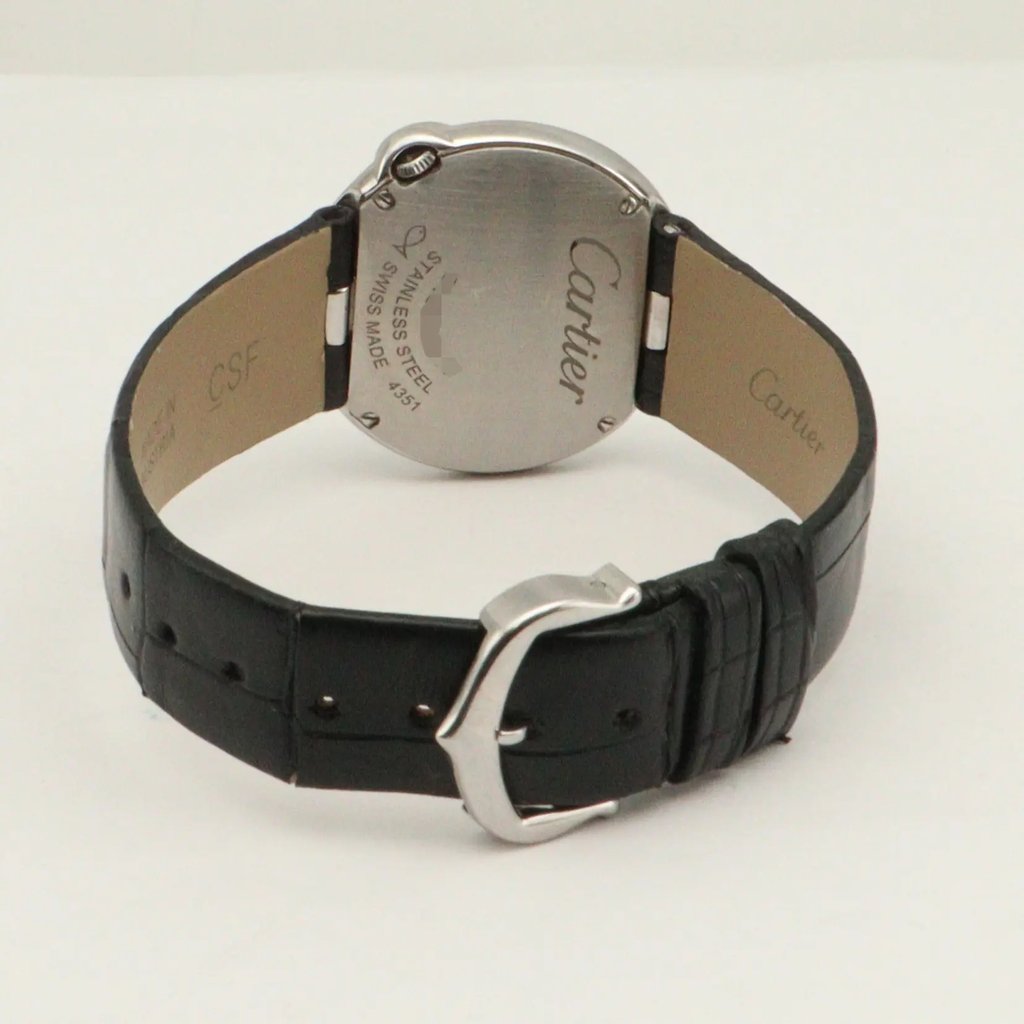 Back View Of Screwback Back Case And Closed Leather Band Of Cartier W4BL0003 Watch Pre Owned Condition