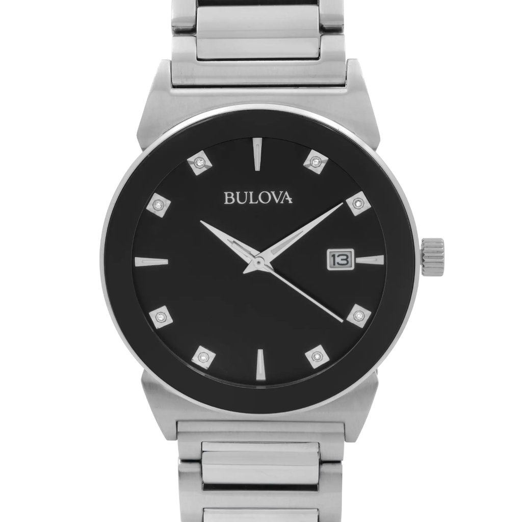 Up Close Front Facing Picture Of Bulova 96D121 Stainless Steel Watch Display Model Condition