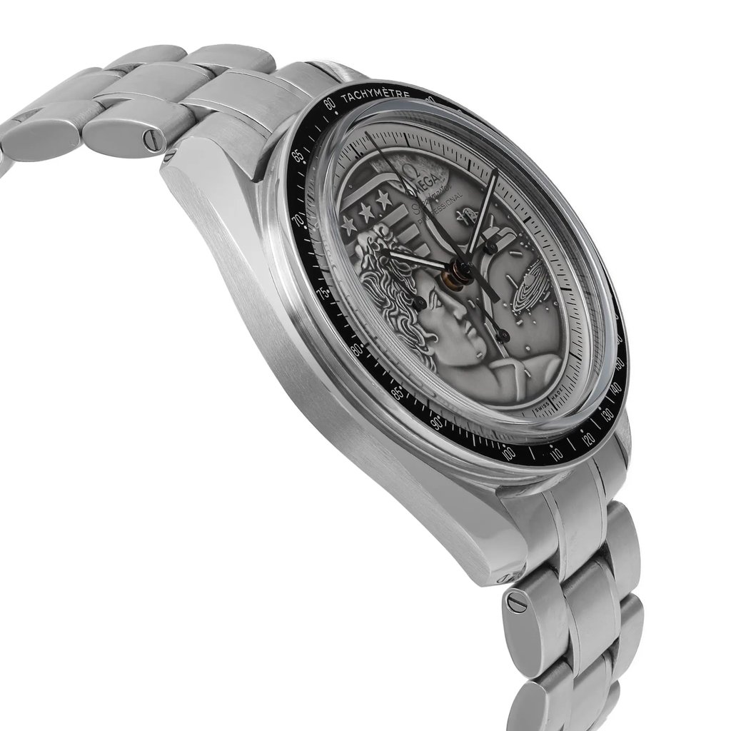 An image of a pre-owned wristwatch captured from a side profile view, opposite the crown. The watch features a metallic bracelet and a detailed dial with intricate engravings. The angle highlights the thickness of the case and the design of the bezel, with the shot taken at a moderate distance to emphasize the craftsmanship.