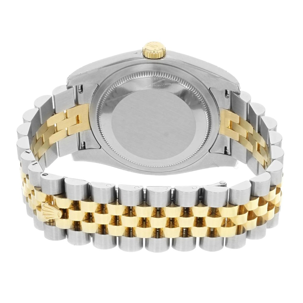 Back View Of Screwback Back Case And Closed Stainless and Solid Gold Band Of Rolex 116203 SSJ Watch Display Model Condition