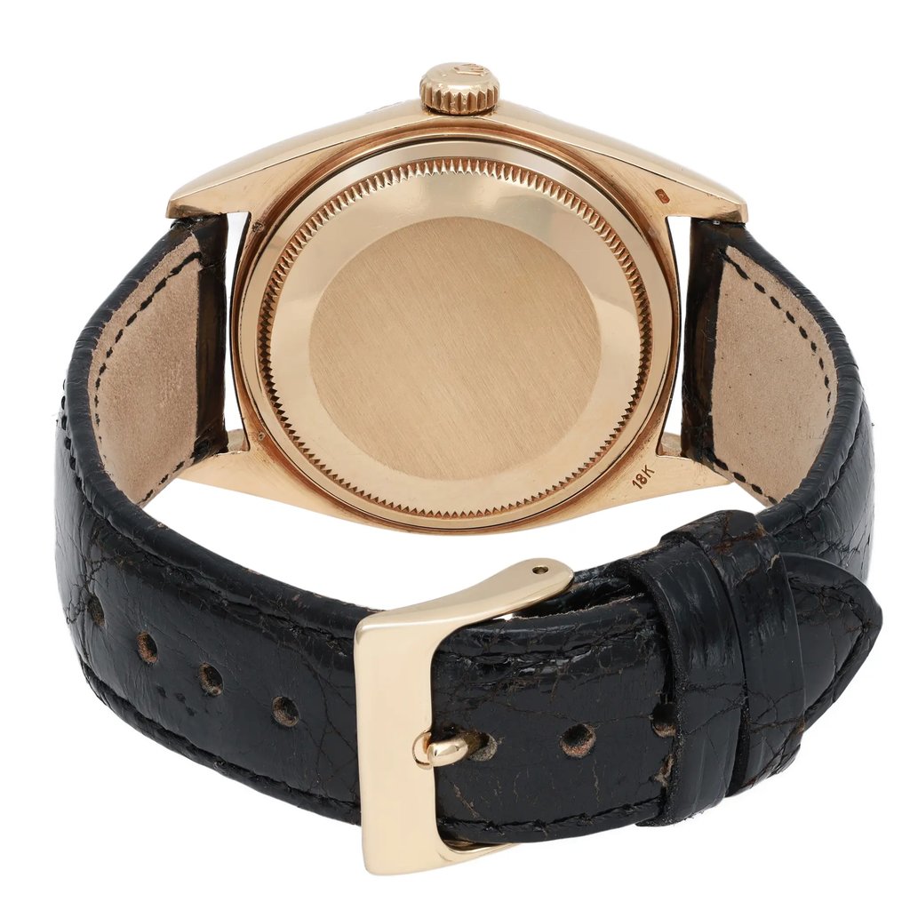 Back View Of Screwback Back Case And Closed Leather Band Of Rolex 1807 Watch Pre Owned Condition