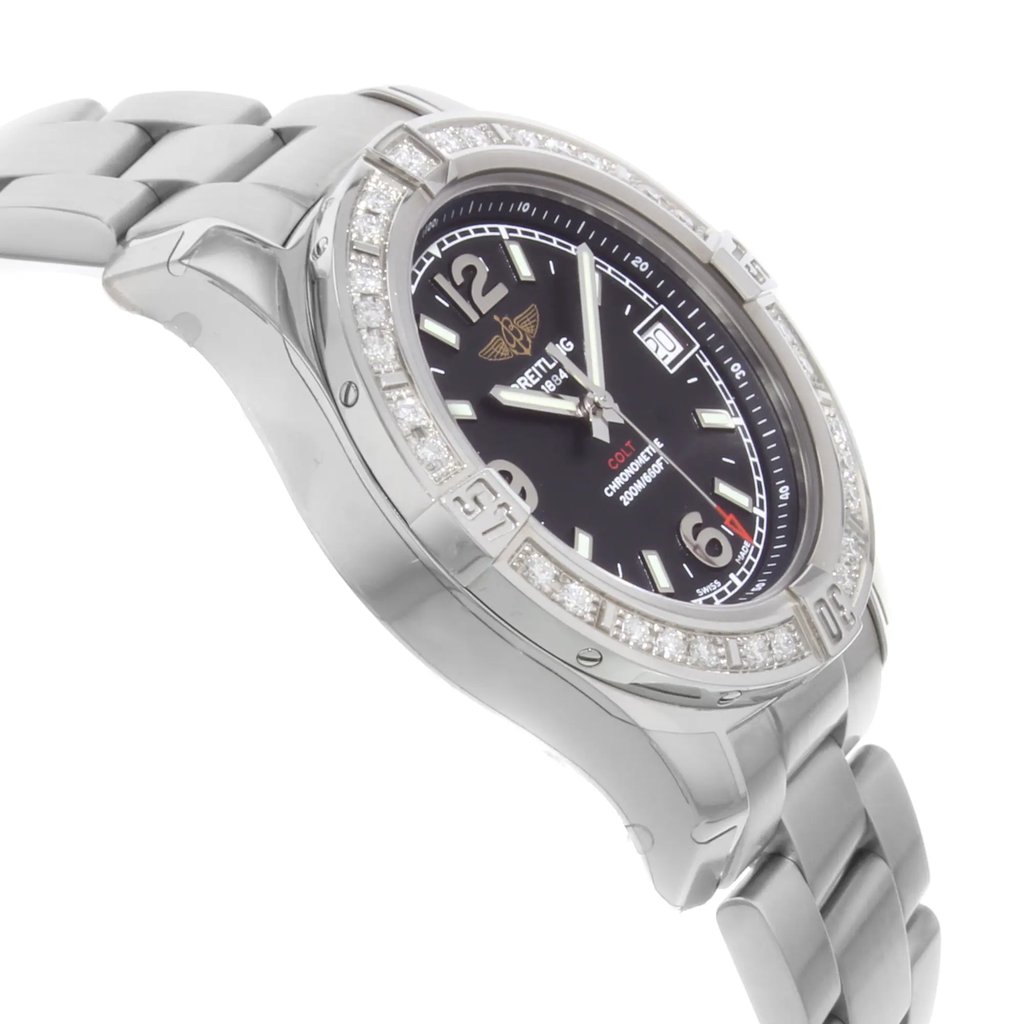 View Of Opposite Crown Facing Side Of Breitling A7438953/BD82-178A Stainless Steel Watch Display Model Condition