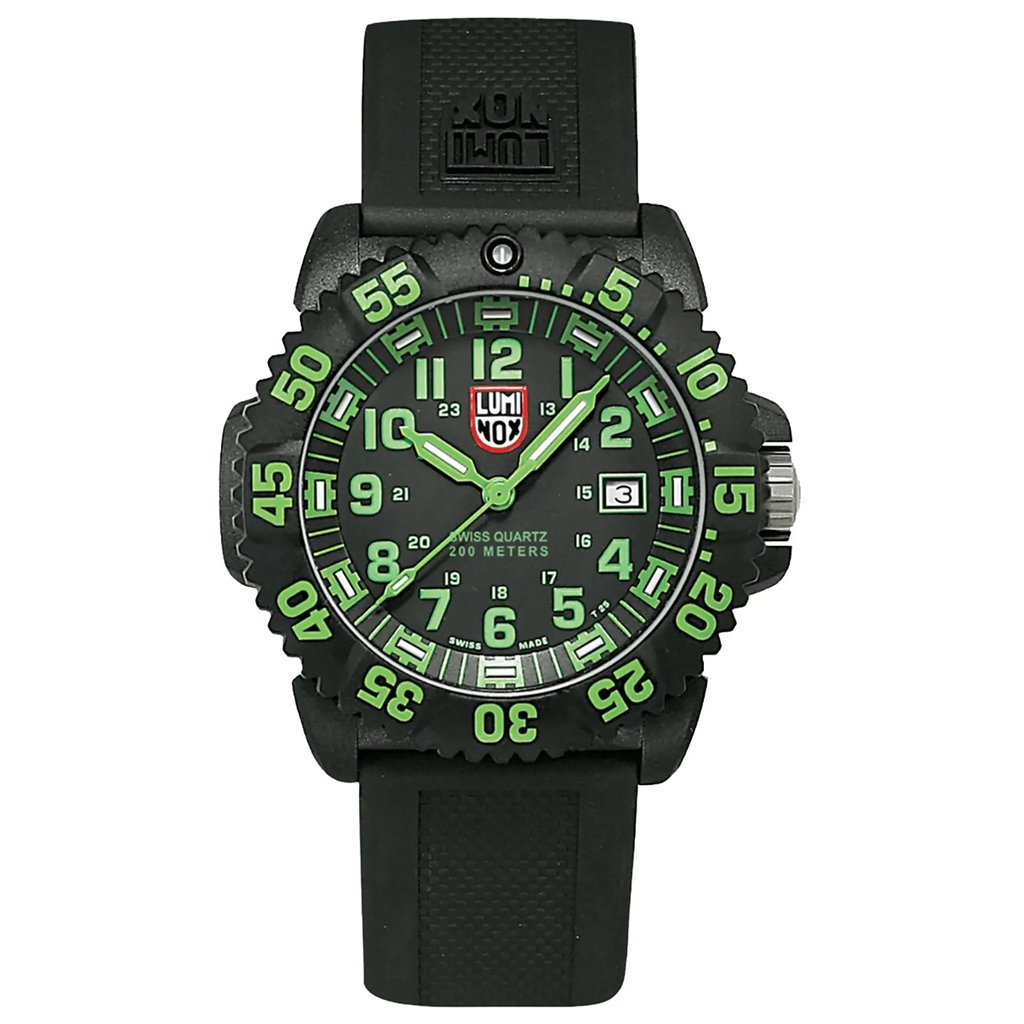 An image of a Wristwatch by Luminox. This Pre Owned item is designed for Men, featuring a Casual,Military style. It has a Quartz movement and an Analog display with a Black dial color. The indices include 12-Hour Dial,Arabic Numerals,Easy to Read/Large Numerals. The band is made of Rubber and the case is made of Carbon. The watch has a Round shape with a case size of 44 mm and a case thickness of 14 mm.