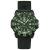An image of a Wristwatch by Luminox. This Pre Owned item is designed for Men, featuring a Casual,Military style. It has a Quartz movement and an Analog display with a Black dial color. The indices include 12-Hour Dial,Arabic Numerals,Easy to Read/Large Numerals. The band is made of Rubber and the case is made of Carbon. The watch has a Round shape with a case size of 44 mm and a case thickness of 14 mm.