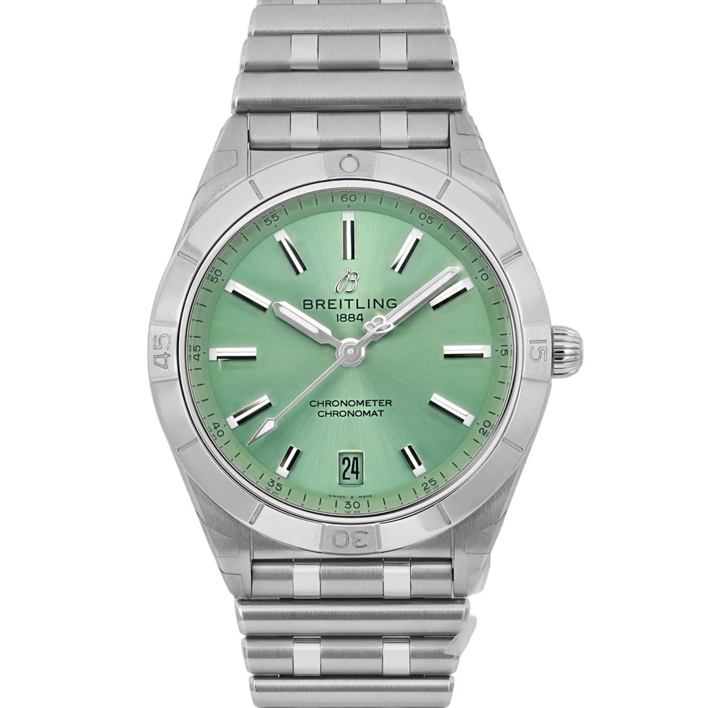 Up Close Front Facing Picture Of Breitling A10380101L1A1 Stainless Steel Watch Display Model Condition