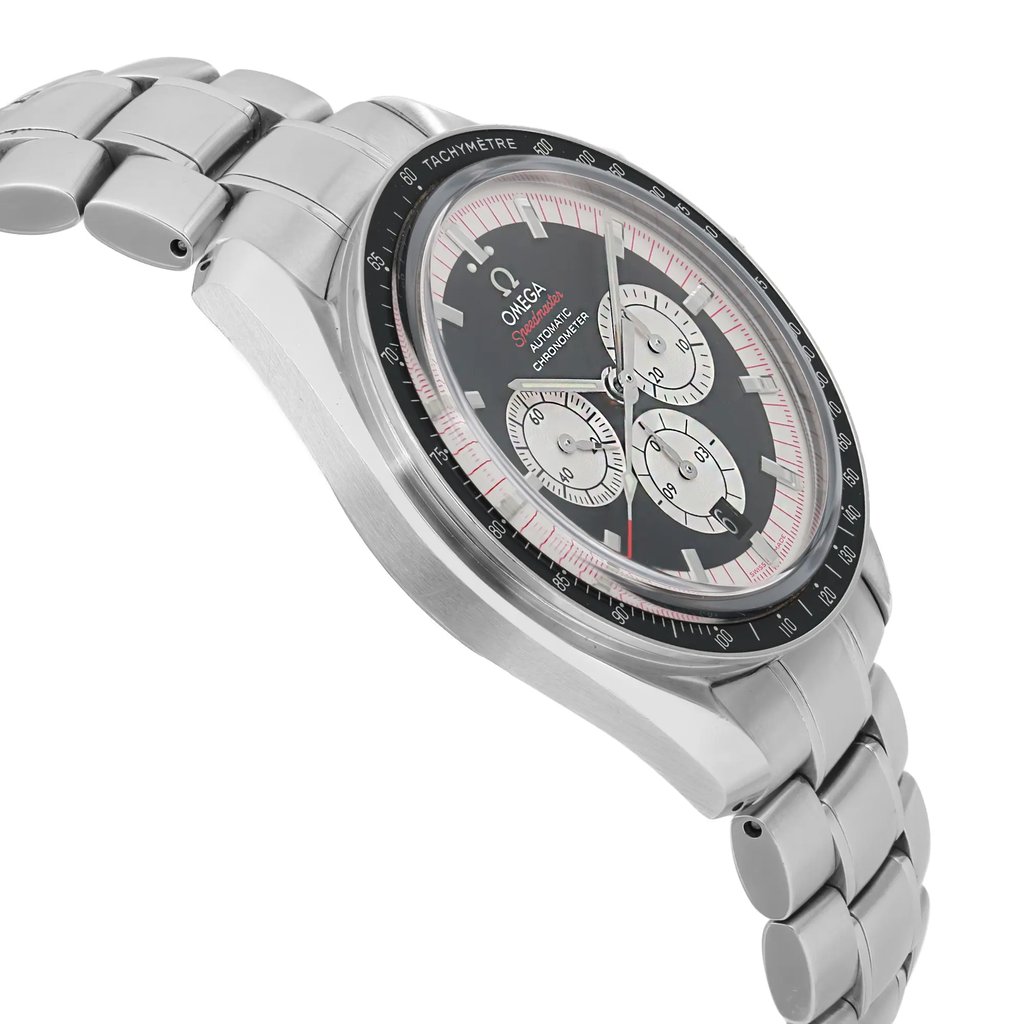 An image of a pre-owned wristwatch taken from a side profile view, opposite the crown. The watch features a stainless steel bracelet and a black bezel with a tachymeter scale. The dial includes multiple sub-dials and red accents, viewed at a slight upward angle, capturing the sleek design and details from a close distance.