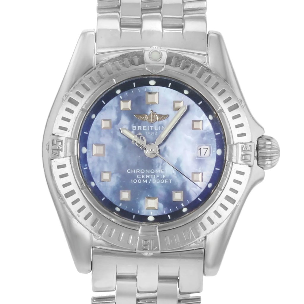 Up Close Front Facing Picture Of Breitling a72345 Stainless Steel Watch Pre Owned Condition
