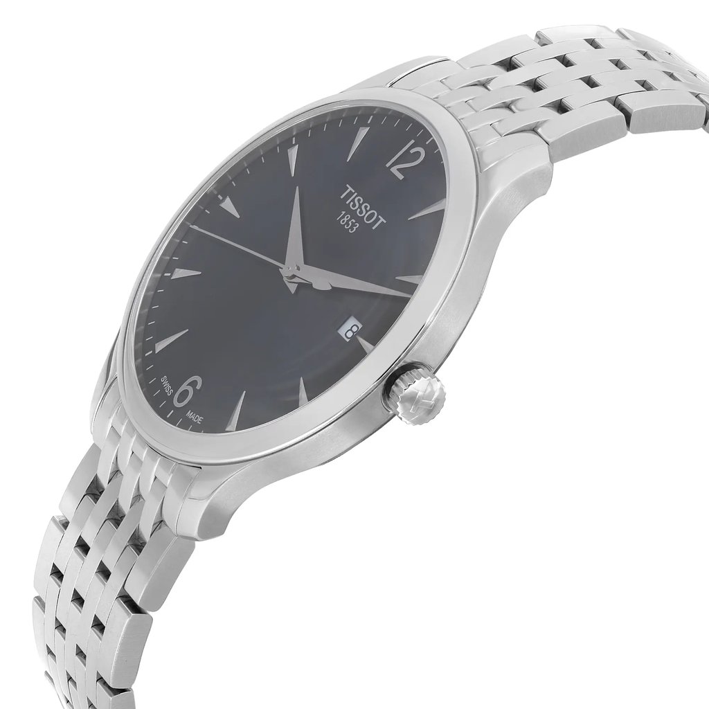 View Of Crown Facing Side Of Tissot T063.610.11.067 Stainless Steel Watch Display Model Condition